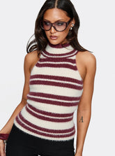 Heide High Neck Fluffy Top Burgundy Stripe