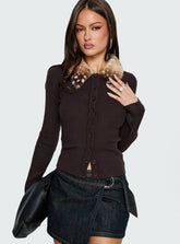 Chiqueeta Faux Fur Trim Knit Cardigan Brown