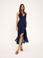 Agata Halter Frill Maxi Dress Navy