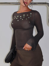 Andia Long Sleeve Sheer Embellished Top Grey
