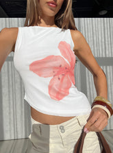 Brontee Boat Neck Asymmetrical Graphic Tank Top White