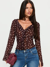 Corazon Sheer Frill Long Sleeve Top Burgundy Polka