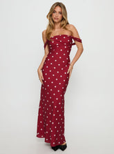 End Credits Off Shoulder Pleat Maxi Dress Red / Polka Dot