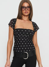 Attraction Cap Sleeve Mesh Top Black Polka