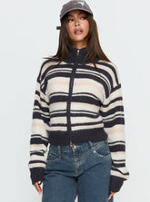 Tetra Zip Through Knit Sweater Pink Stripe