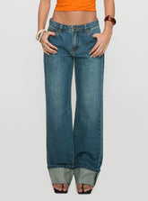 Toros Mid Rise Wide Leg Foldover Denim Jeans Mid Blue