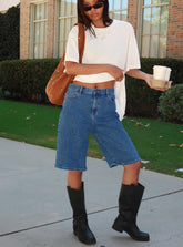 Retro Dream Mid Rise Longline Denim Shorts Mid Wash