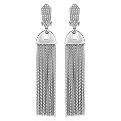 Silvertone Pave Tassel Drop Clip On Earrings