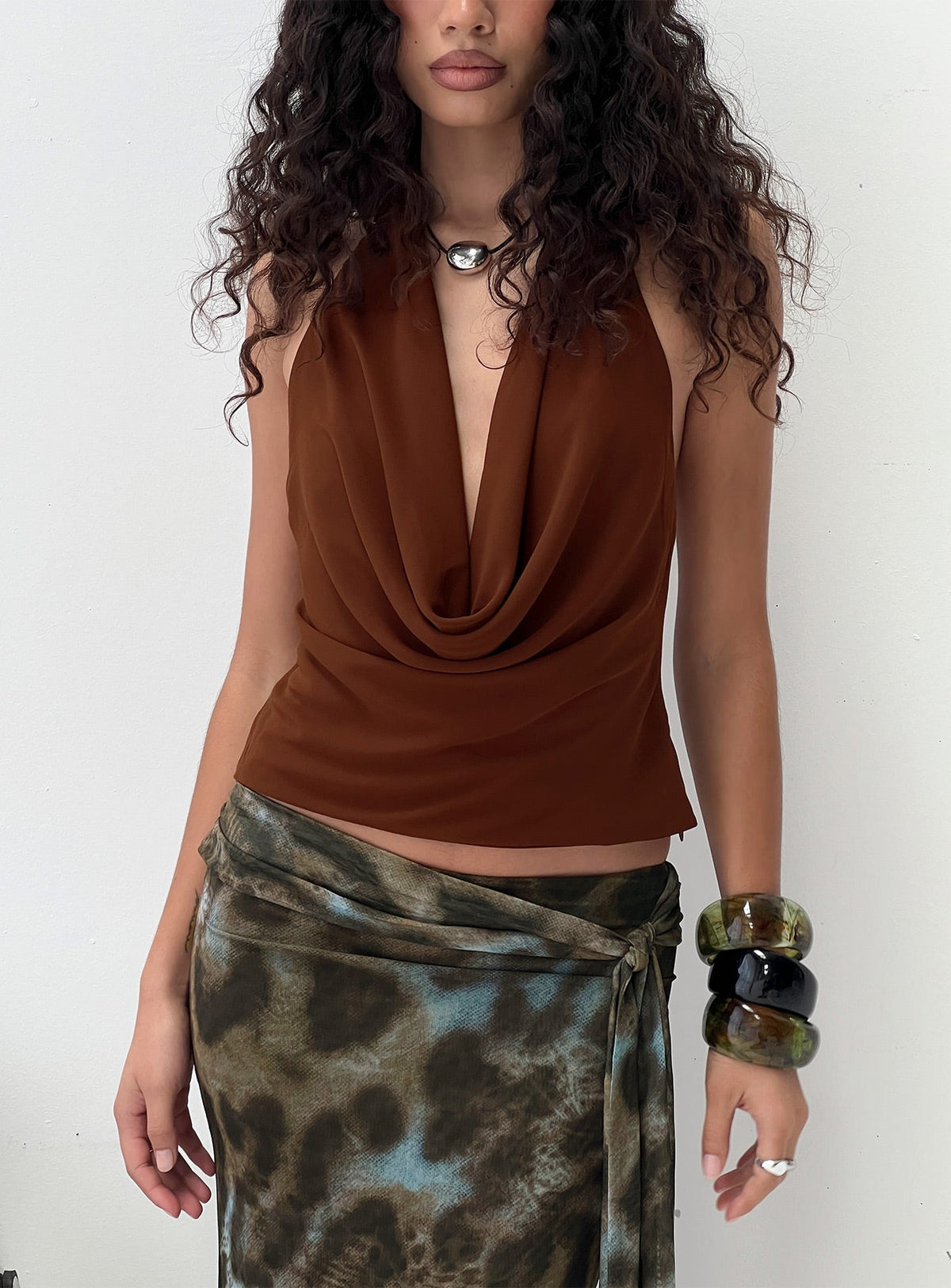 Annina Plunge Neck Backless Halter Top Chocolate