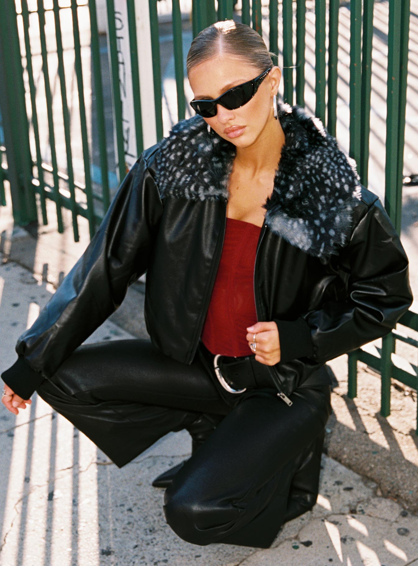 Koemi Faux Leather Collared Jacket Black