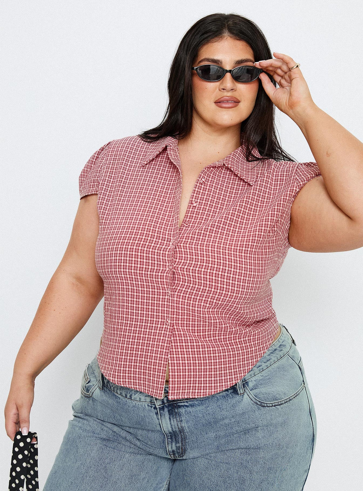 Float Away Button Up Top Red Check Curve