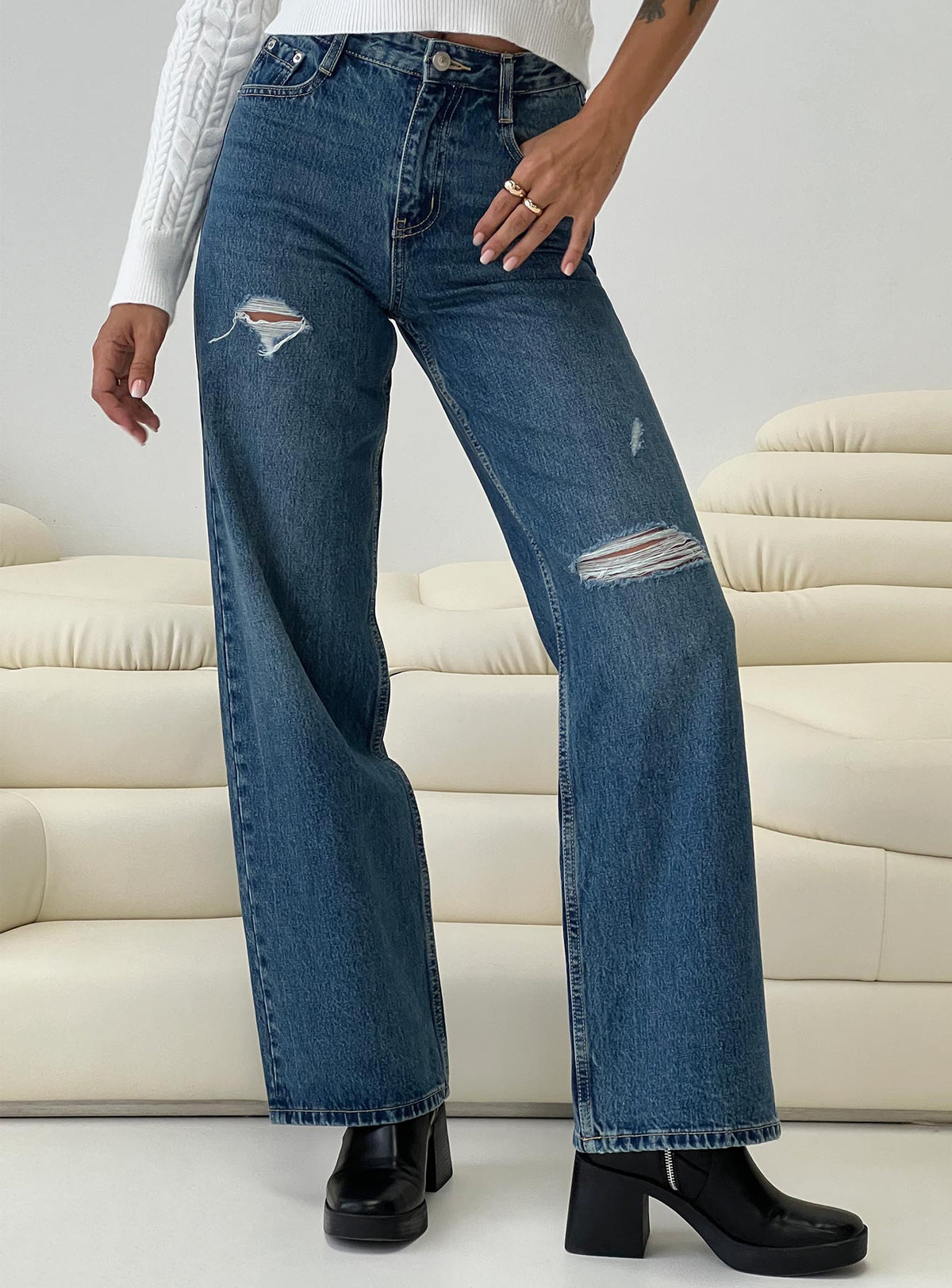 Beetle High Rise Wide Leg Ripped Jeans Mid Wash