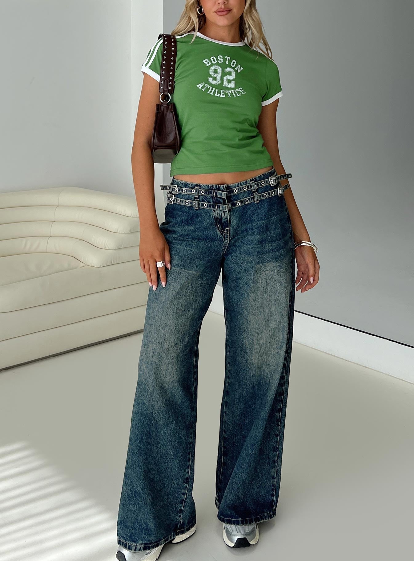 Baccarat Mid Rise Wide Leg Belted Jeans Dark Blue