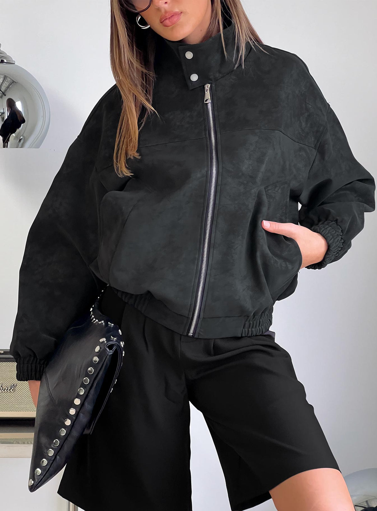 Ellissa Faux Suede Bomber Jacket Black