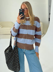 Queena Zip Through Knit Sweater Blue Stripe