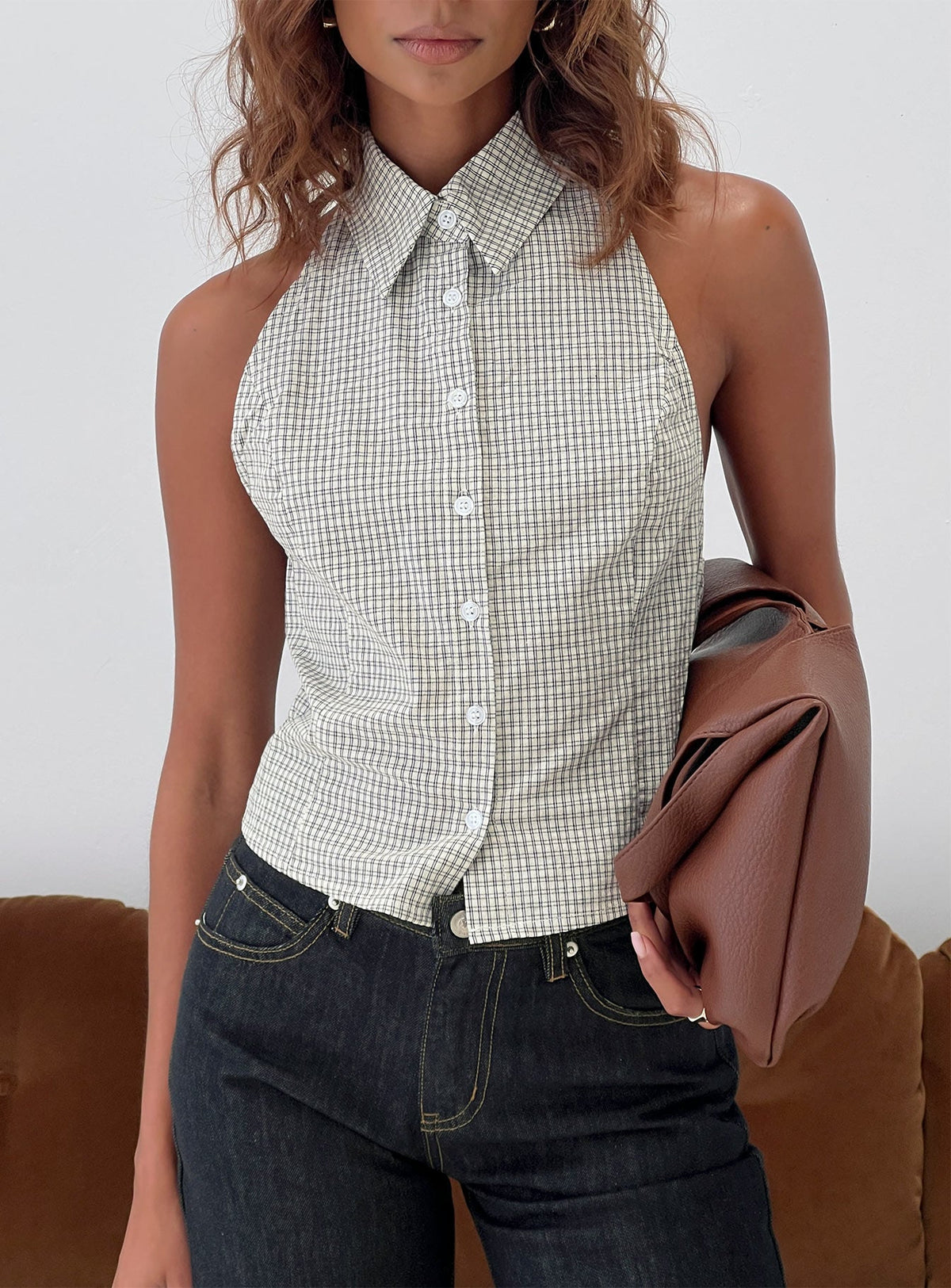 Different Dimensions Sleeveless Collared Top Check
