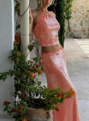 Emalia Sheer Sequin Maxi Skirt Orange