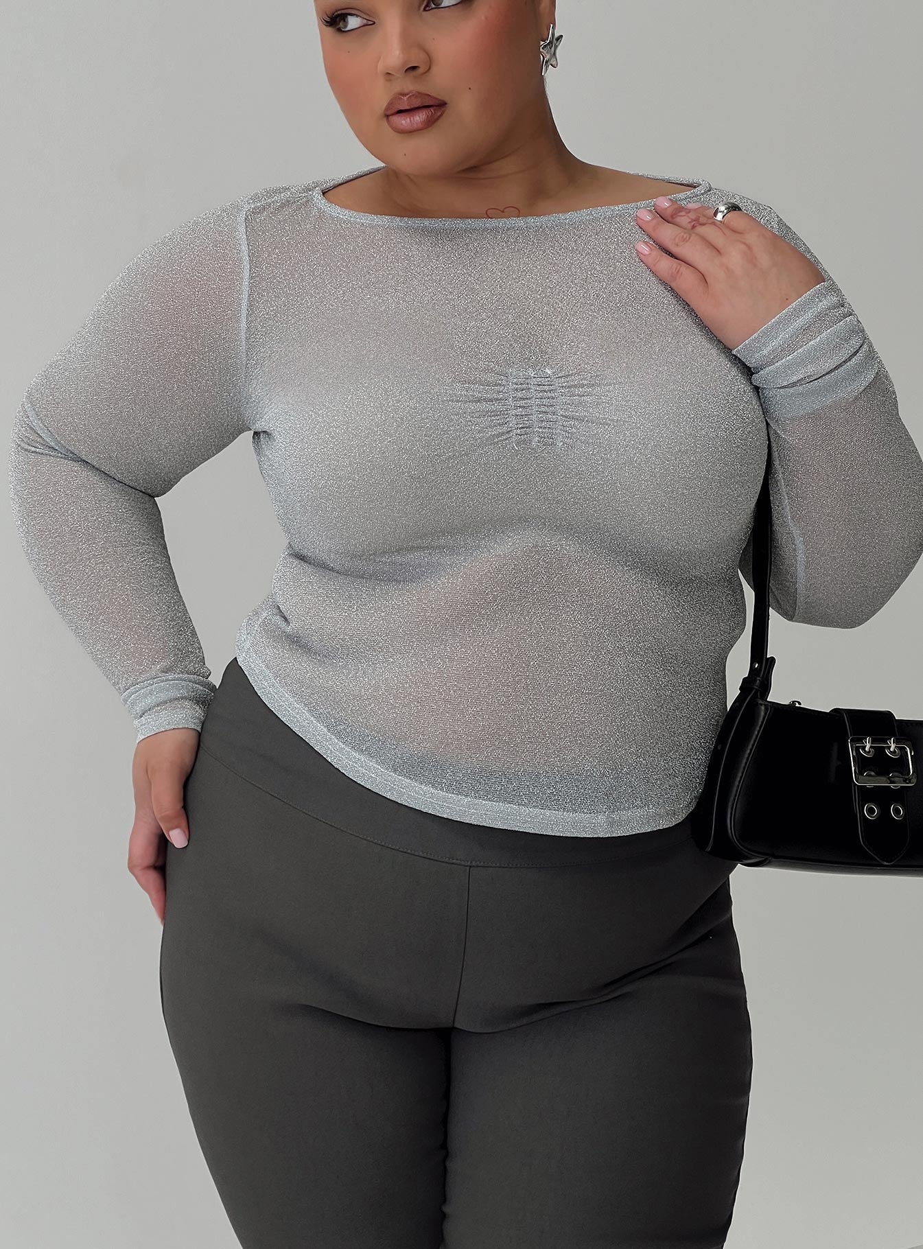 Crystal Clear Long Sleeve Mesh Top Silver