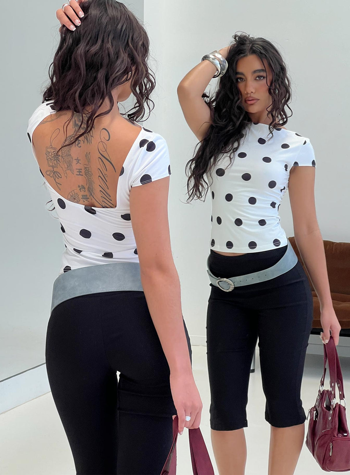 Truthfully Low Back Top White Polka Dot