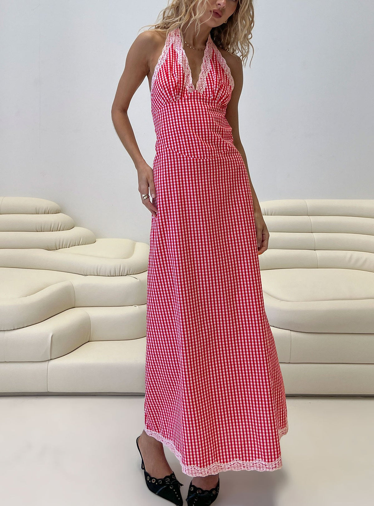 Betsie Halter Lace Maxi Dress Red Gingham