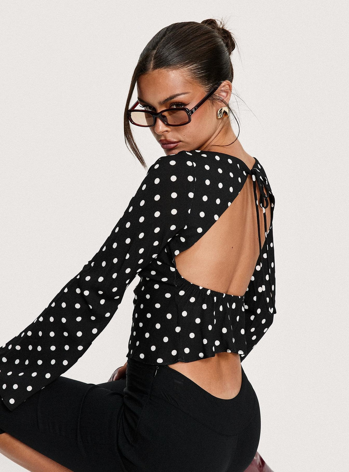 Lady Lady Long Sleeve Backless Top Black / White Polka