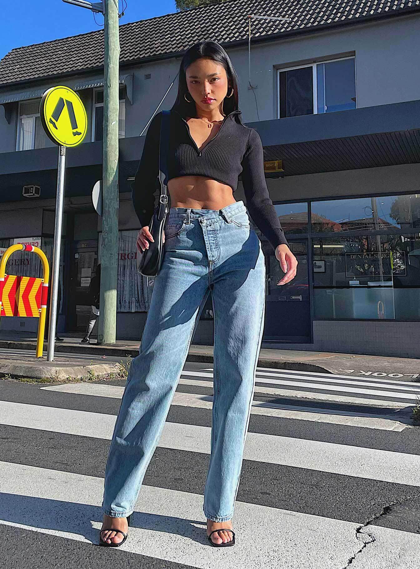 Holly Mid Rise Straight Leg Asymmetric Jean Light Wash Denim