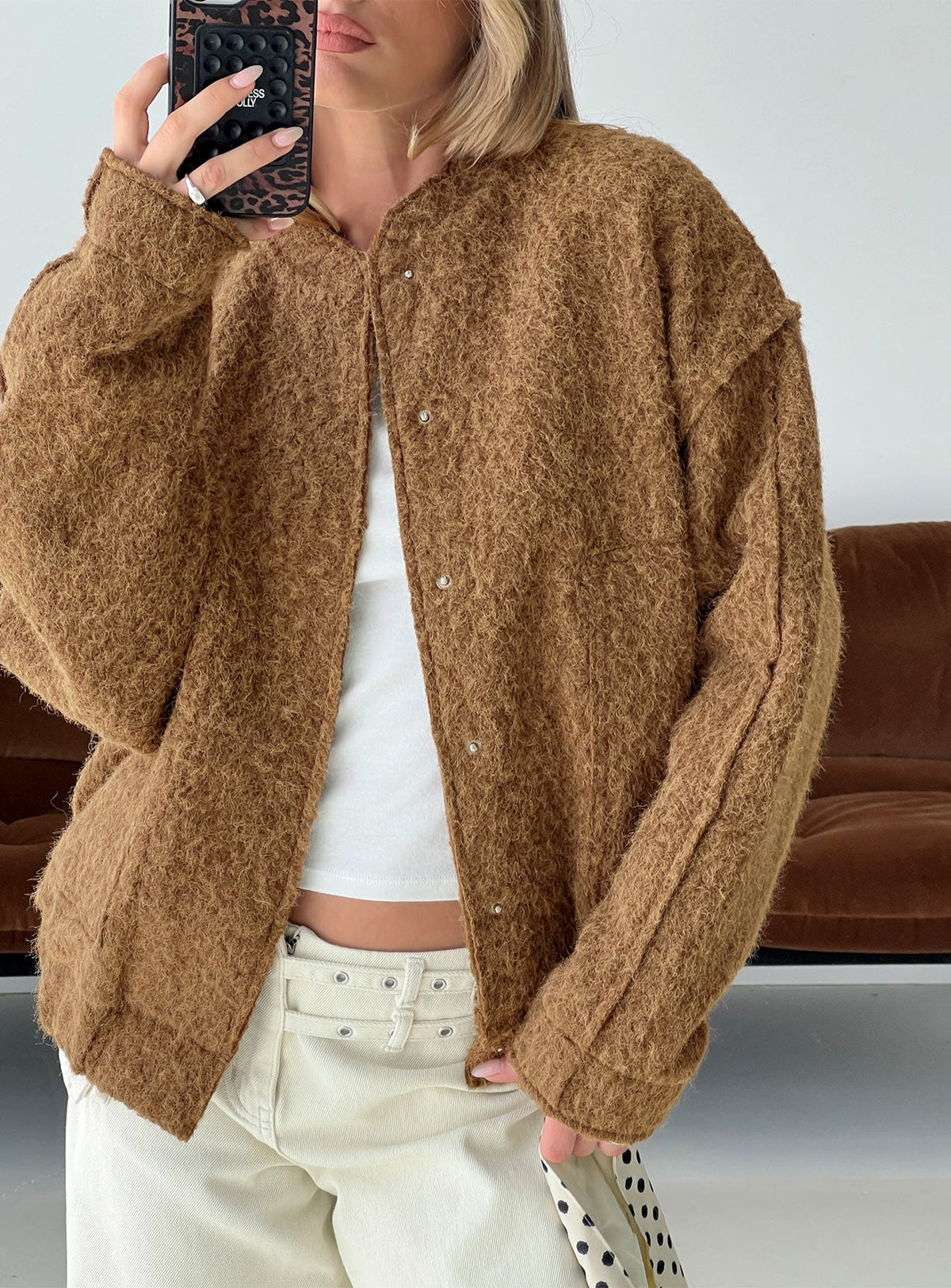 Kemberly Soft Textured Bomber Jacket Brown