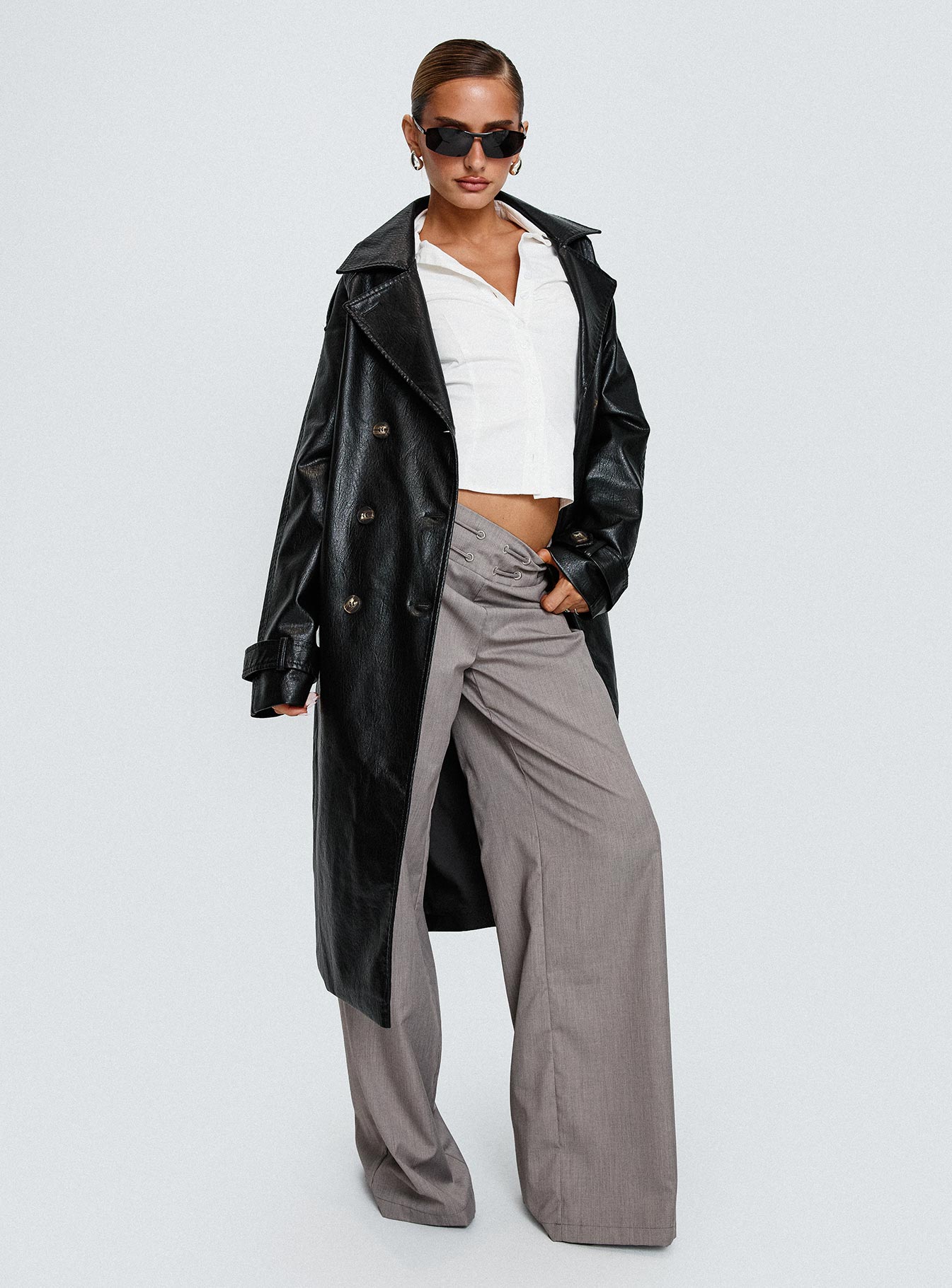 Think Later Faux Leather Trench Coat Black