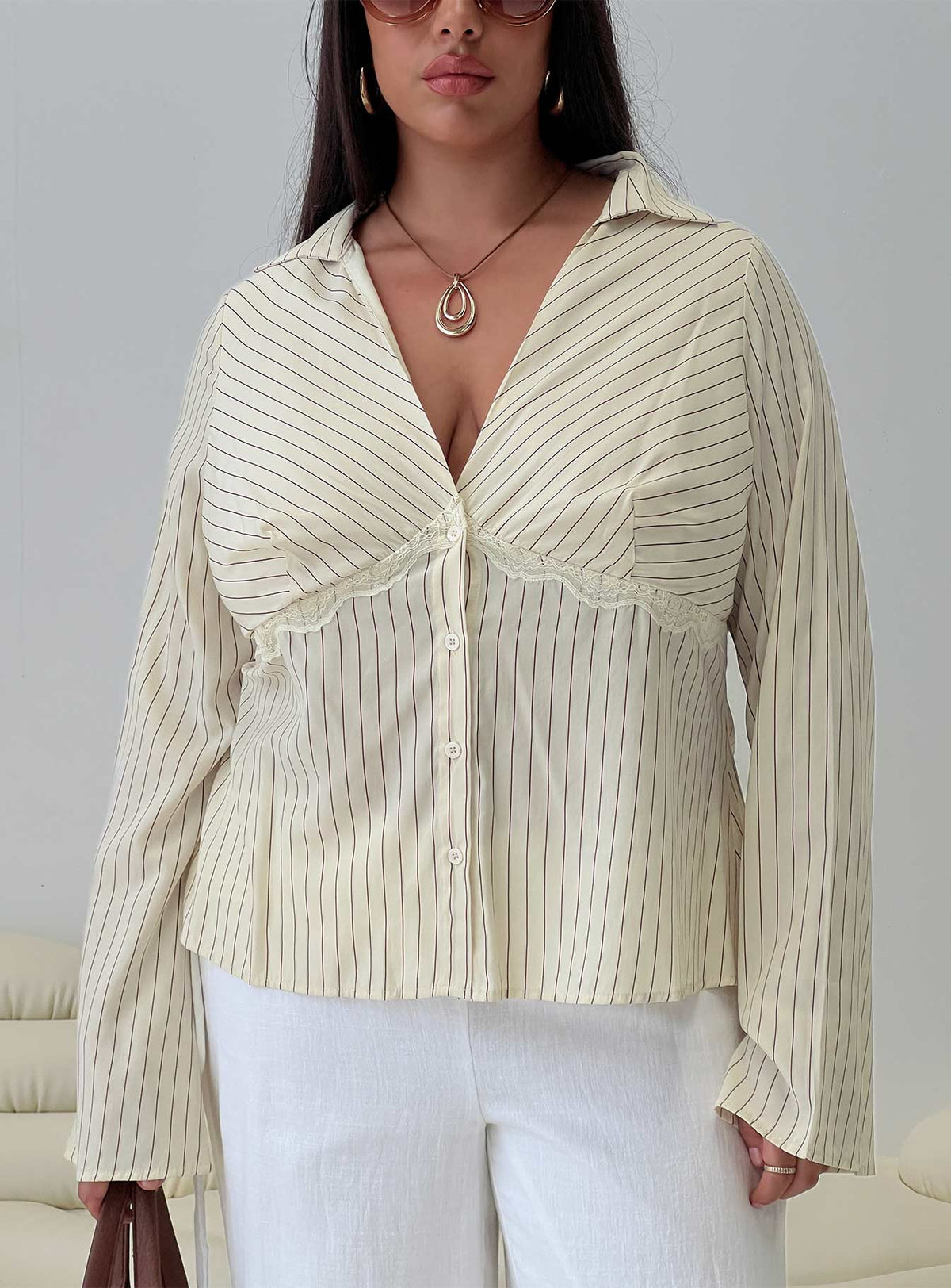 Life Begins Long Sleeve Lace Trim Top Cream Stripe Curve