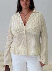 Life Begins Long Sleeve Lace Trim Top Cream Stripe Curve