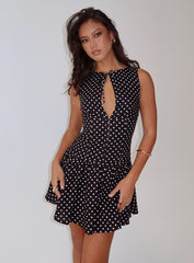 Alissea Keyhole Linen Blend Mini Dress Black Polka