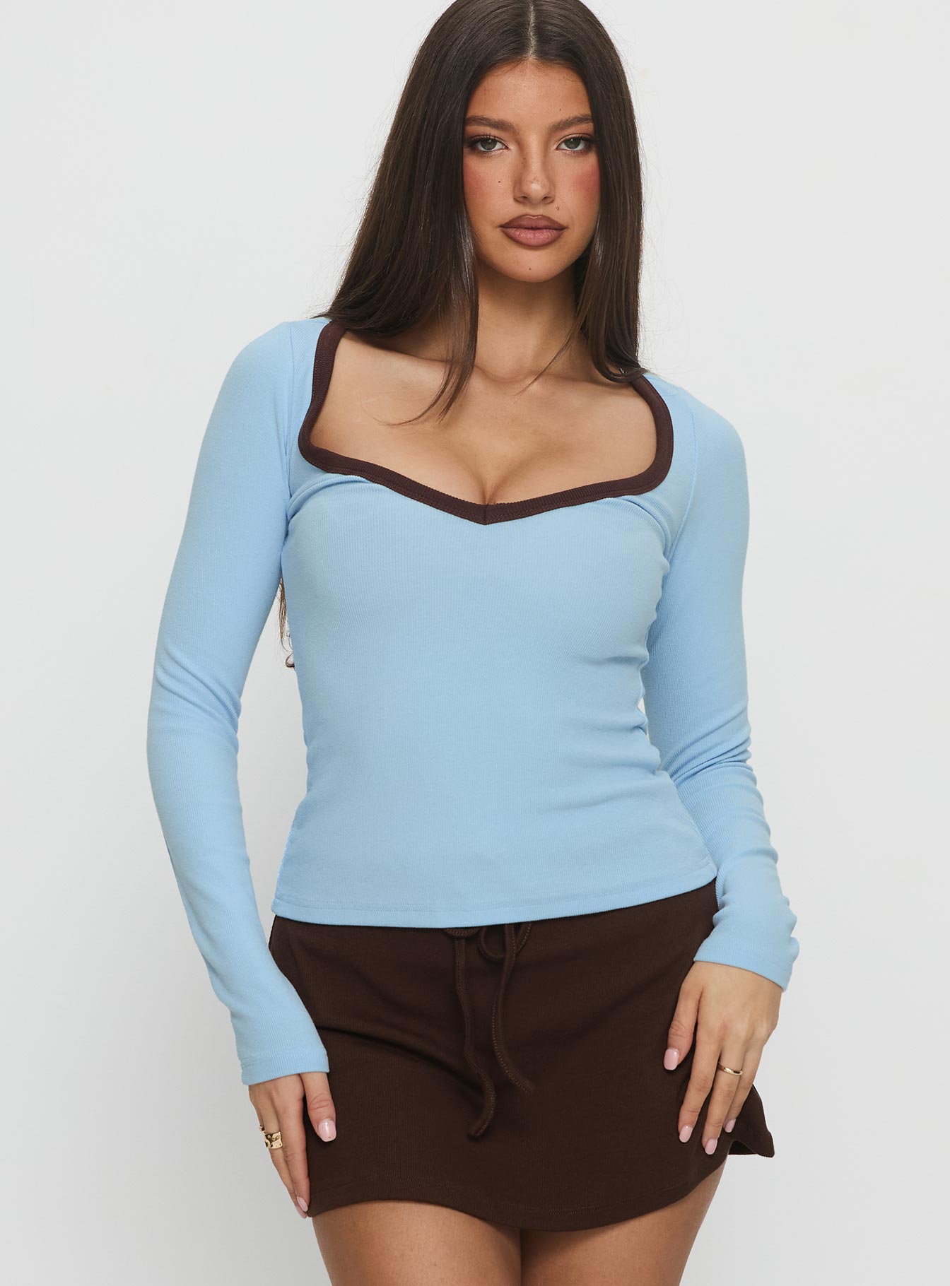Baseline V Neck Long Sleeve Top Blue / Brown