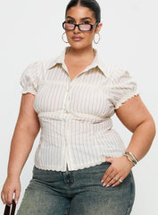 Deserve You Puff Sleeve Button Front Top Cream Stripe Curve