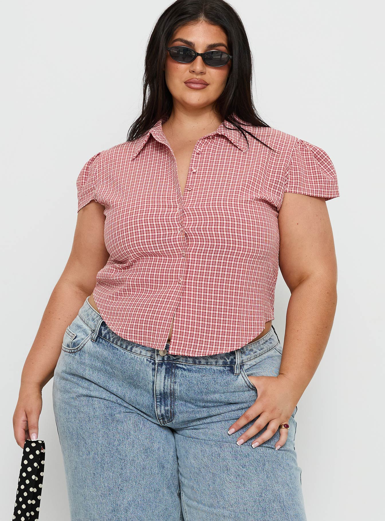 Float Away Button Up Top Red Check Curve