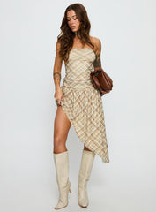 Cambria Strapless Scarf Midi Dress Yellow Check