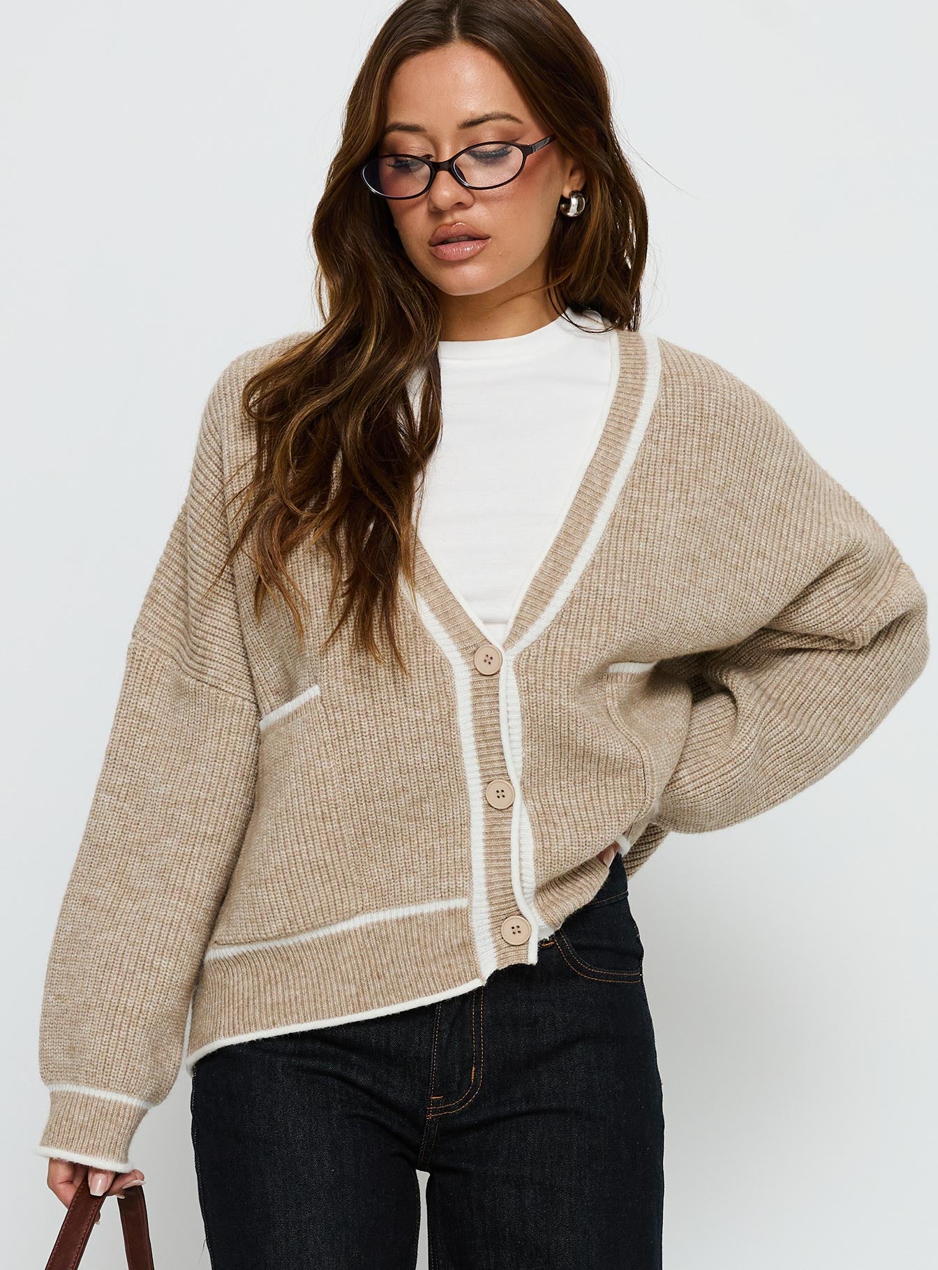 Cressara Contrast Knit Cardigan Beige / White