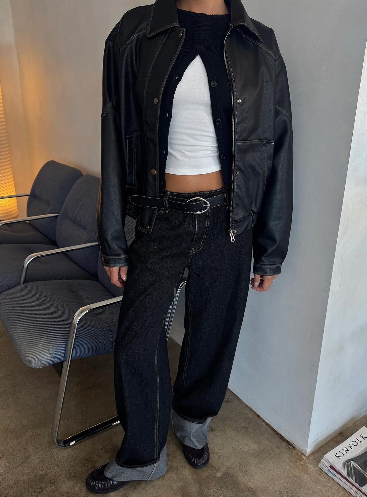 Top Model Low Rise Straight Leg Cuffed Jean Dark Denim