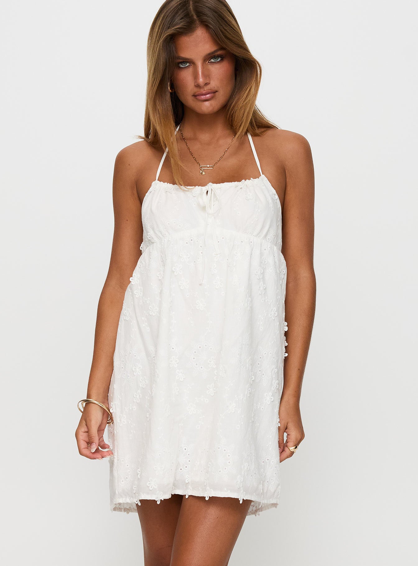 Daisy Chains Broderie Halter Mini Dress White