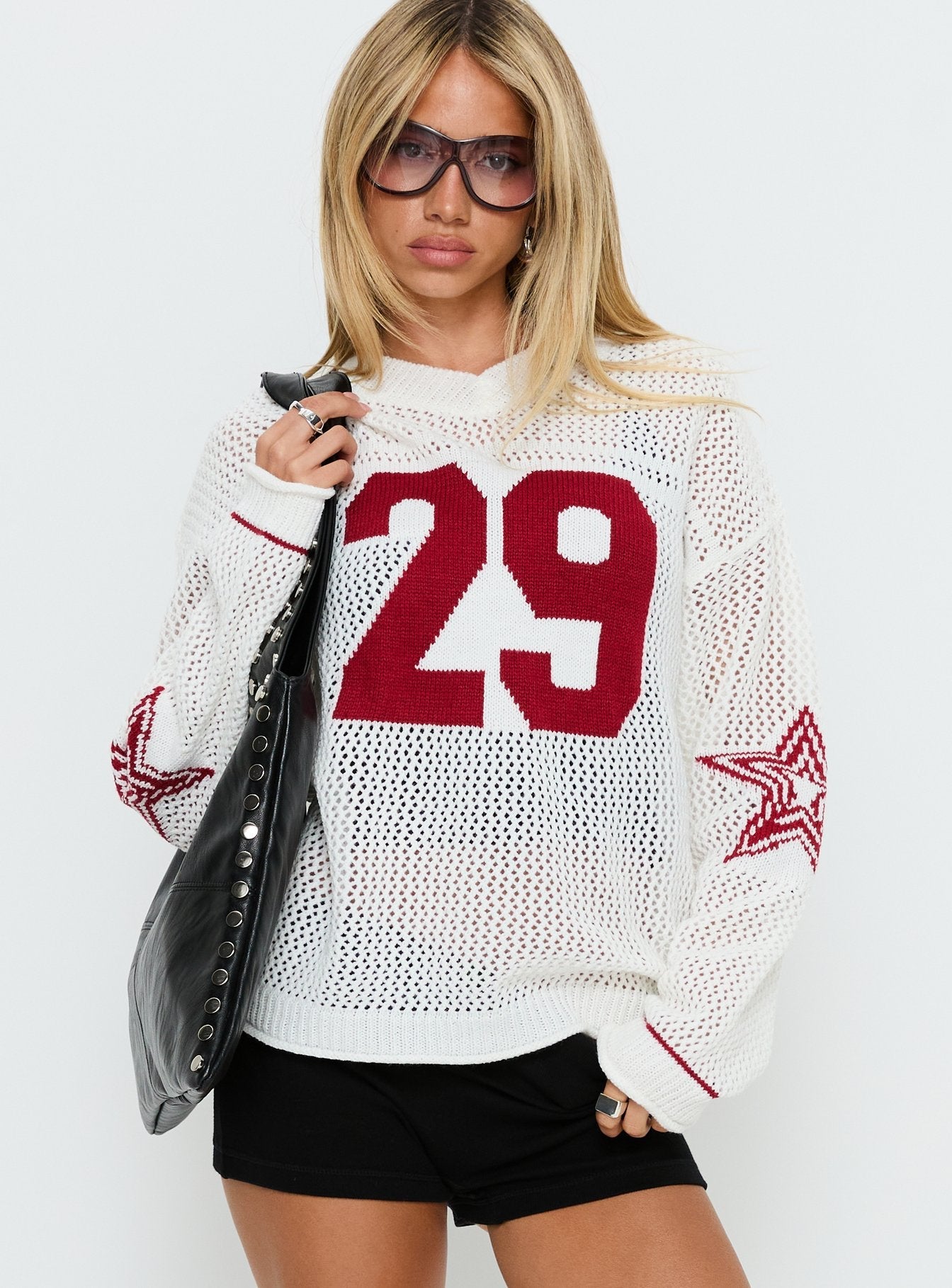 Korrin V Neck Graphic Knit Sweater White