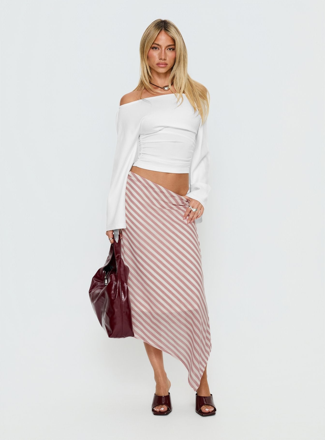 Gwenora Asymmetrical Midi Skirt Pink Stripe