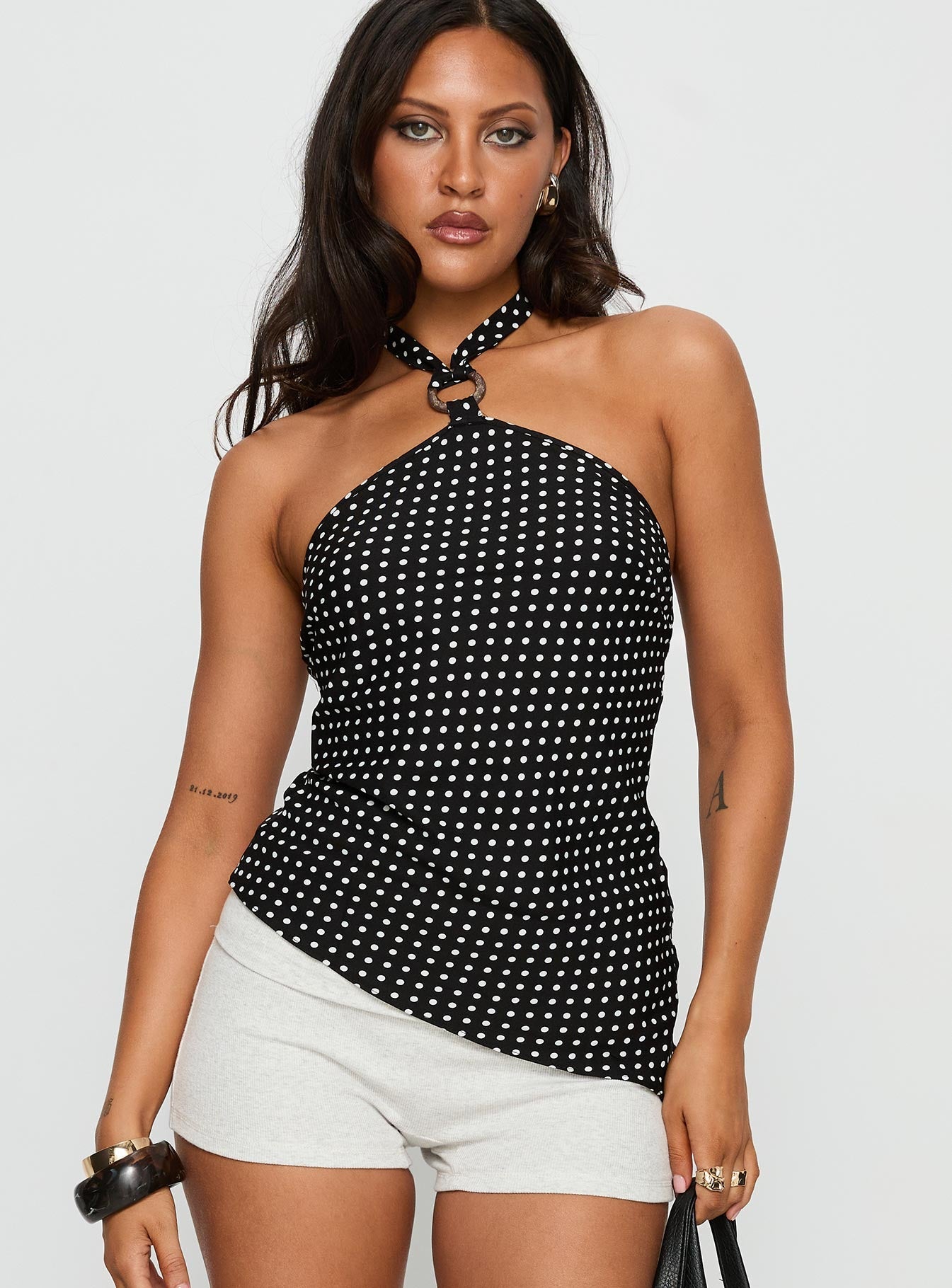 Clerissa Ring Detail Top Black Polka Dot