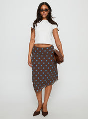 Daphene Asymmetrical Midi Skirt Brown / Blue Polka Dot