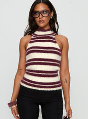 Heide High Neck Fluffy Top Burgundy Stripe