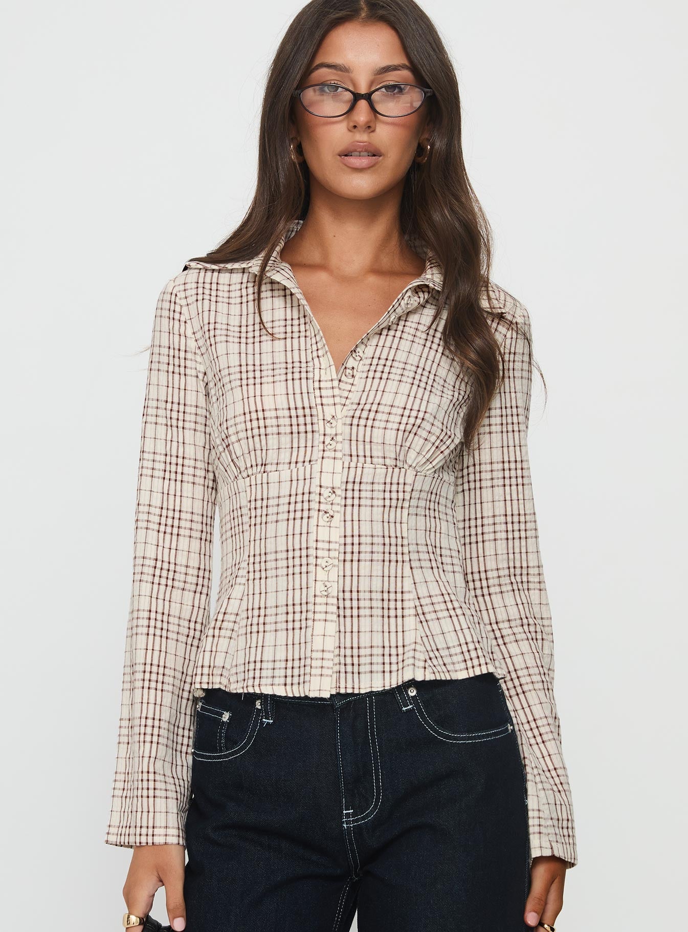 Cottesloe Long Sleeve Blouse Top Brown Check