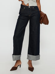 Squire Mid Rise Straight Leg Folded Hem Jeans Indigo Wash