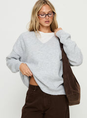 Stay The Night V Neck Knit Sweater Grey Marle