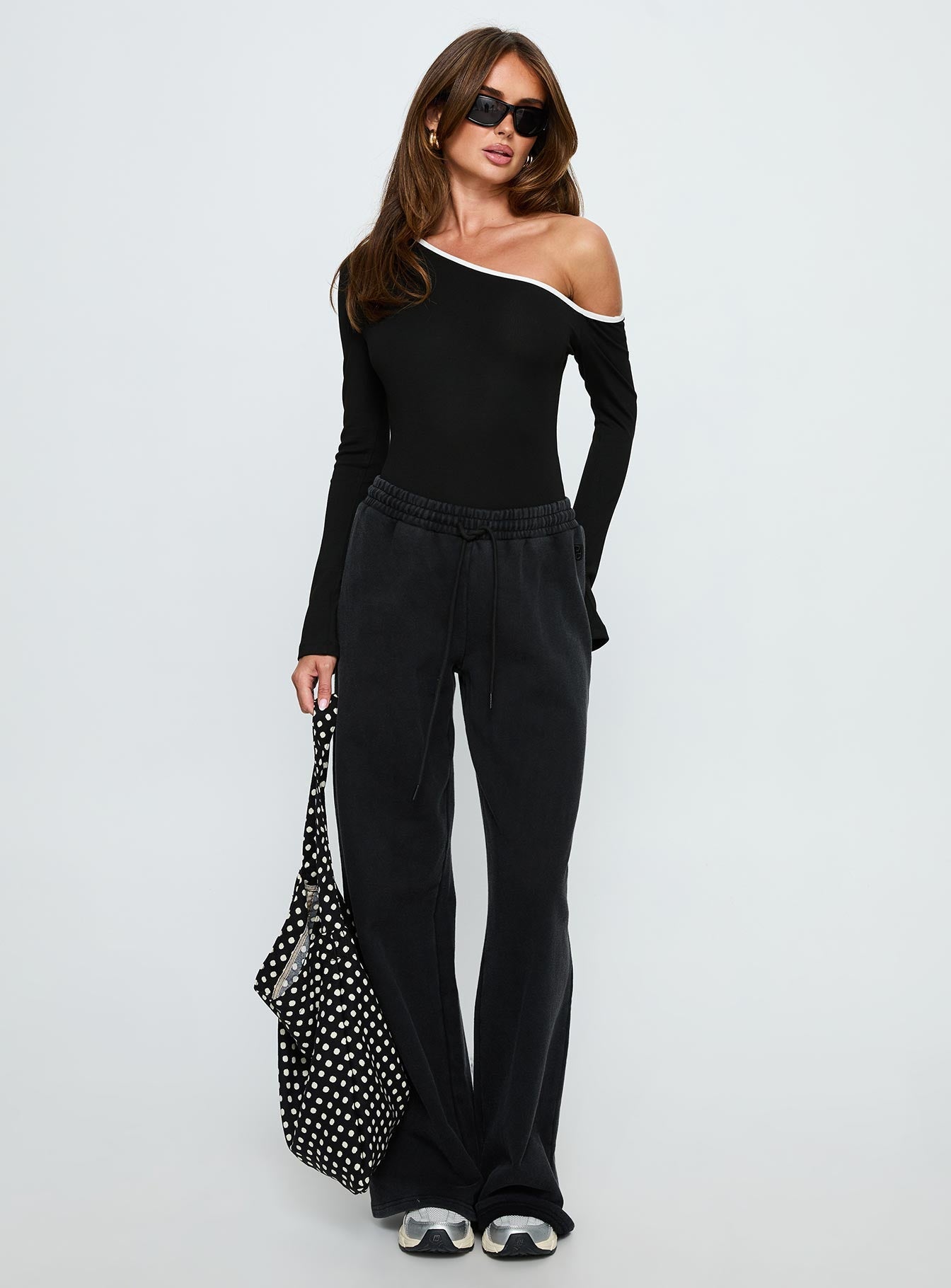 Andrielle One Shoulder Long Sleeve Bodysuit Black / White