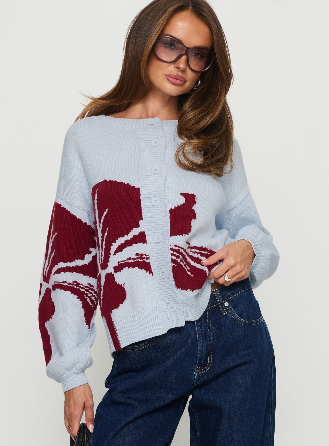 Jalenn Floral Knit Cardigan Blue / Red