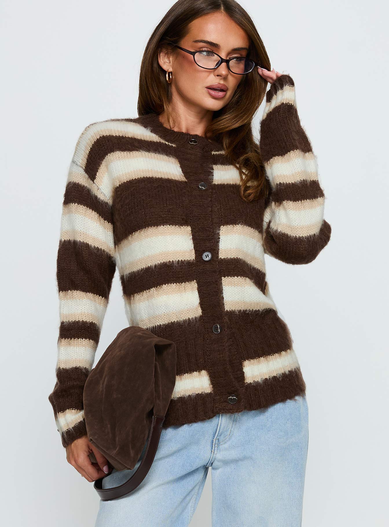 Cultivated Fluffy Knit Cardigan Brown Stripe
