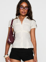 Deserve You Puff Sleeve Button Front Top Cream Stripe Petite